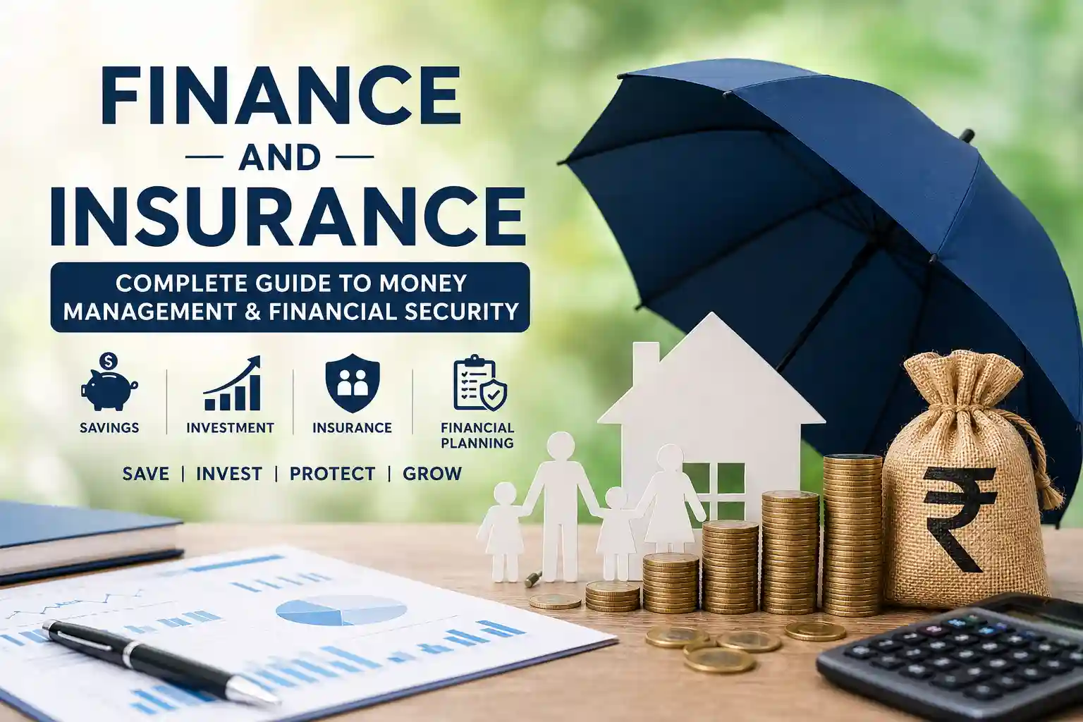 Finance and Insurance Guide 2026 with money management, investments, budgeting, and financial planning concepts.