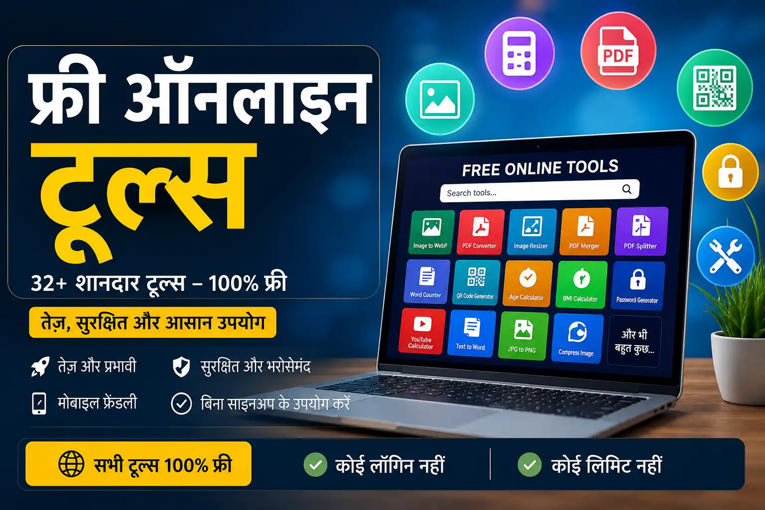 32+ Free Online Tools featured image – PDF Tools, Image Converter, WebP Converter, QR Code Generator, Calculator Tools और अन्य मुफ्त ऑनलाइन टूल्स
