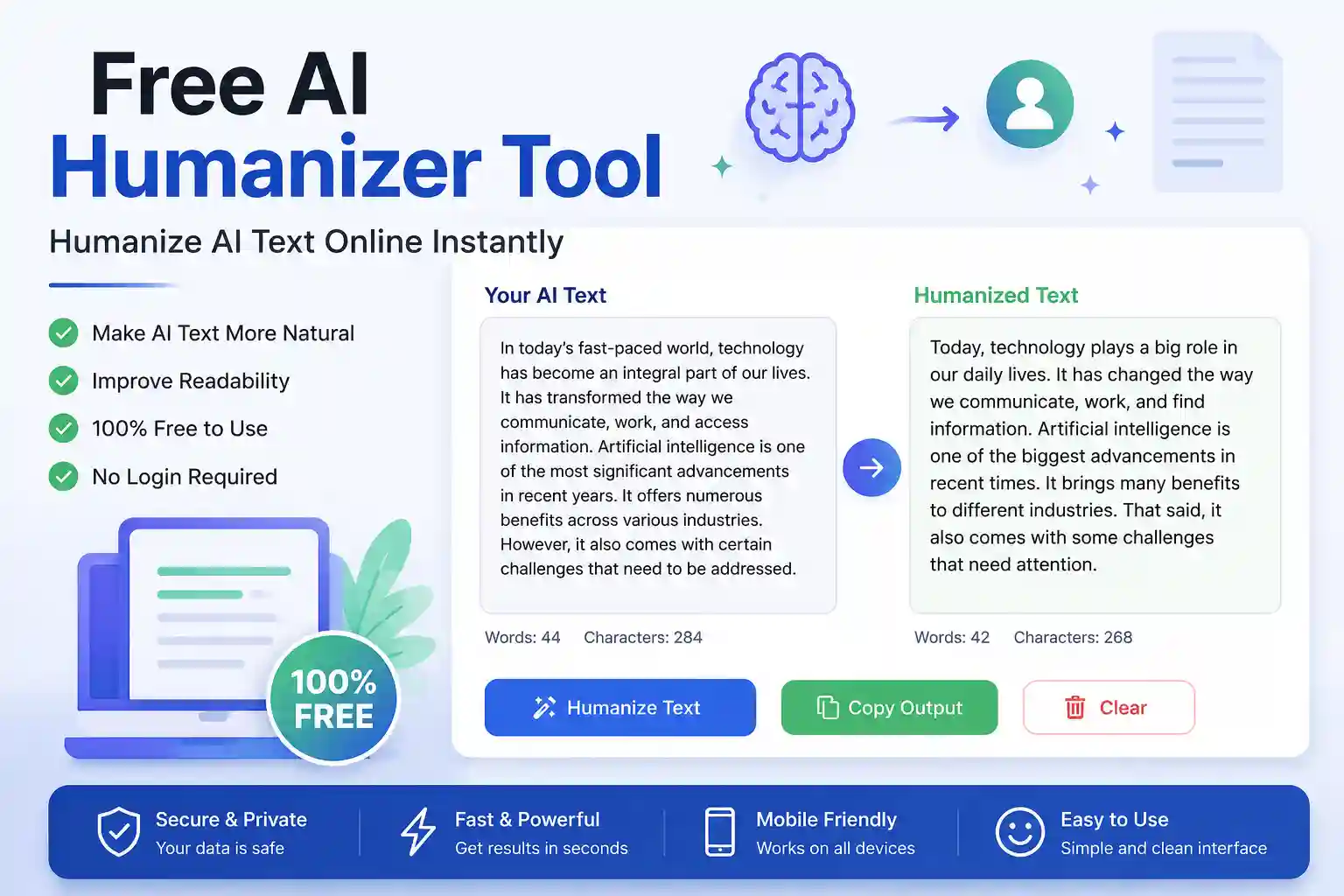 Free AI Humanizer Tool interface for improving AI-generated text online
