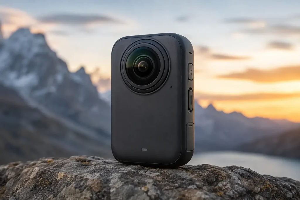 DJI Osmo 360 II action camera standing on a rock with a scenic mountain landscape during golden hour.