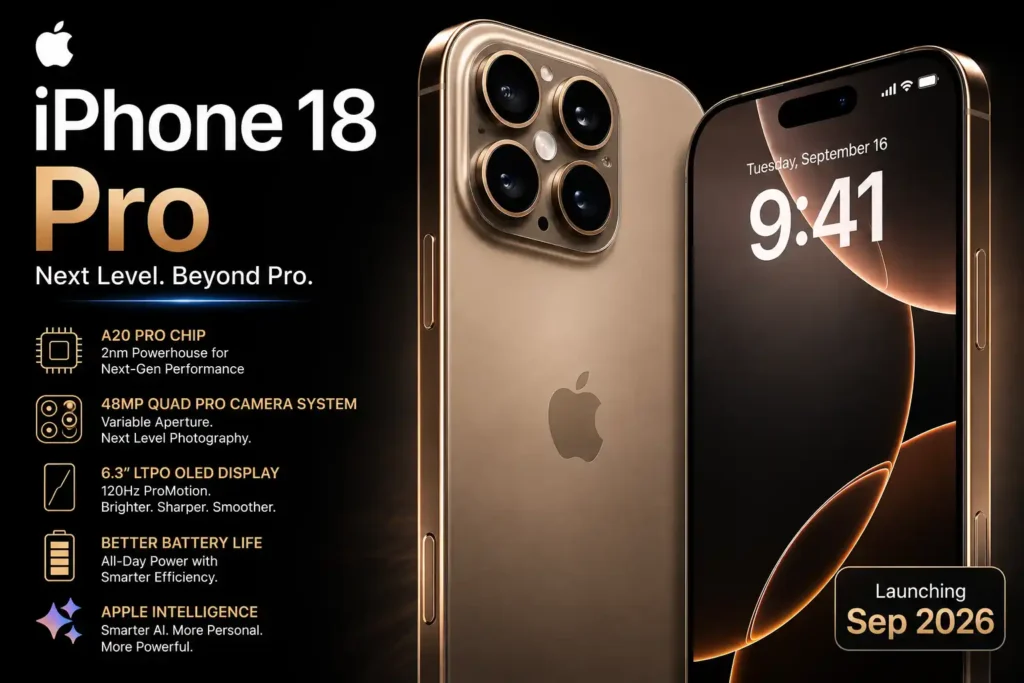 iPhone 18 Pro featured image showing premium gold smartphone with quad camera setup and Apple-inspired design.