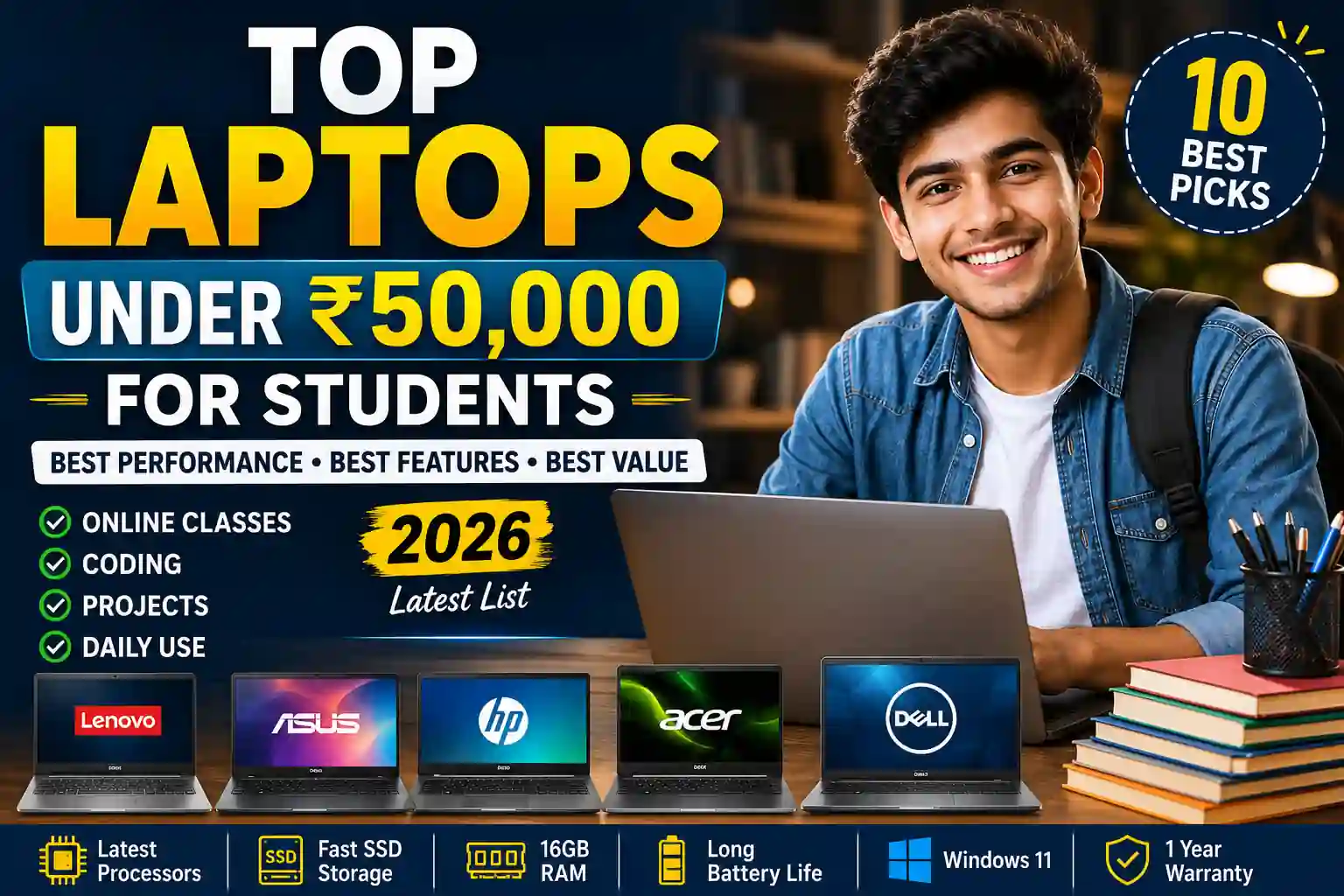 Top Laptops Under ₹50,000 for Students in India 2026 featuring Lenovo, ASUS, HP, Acer and Dell laptops for coding, online classes and college projects.